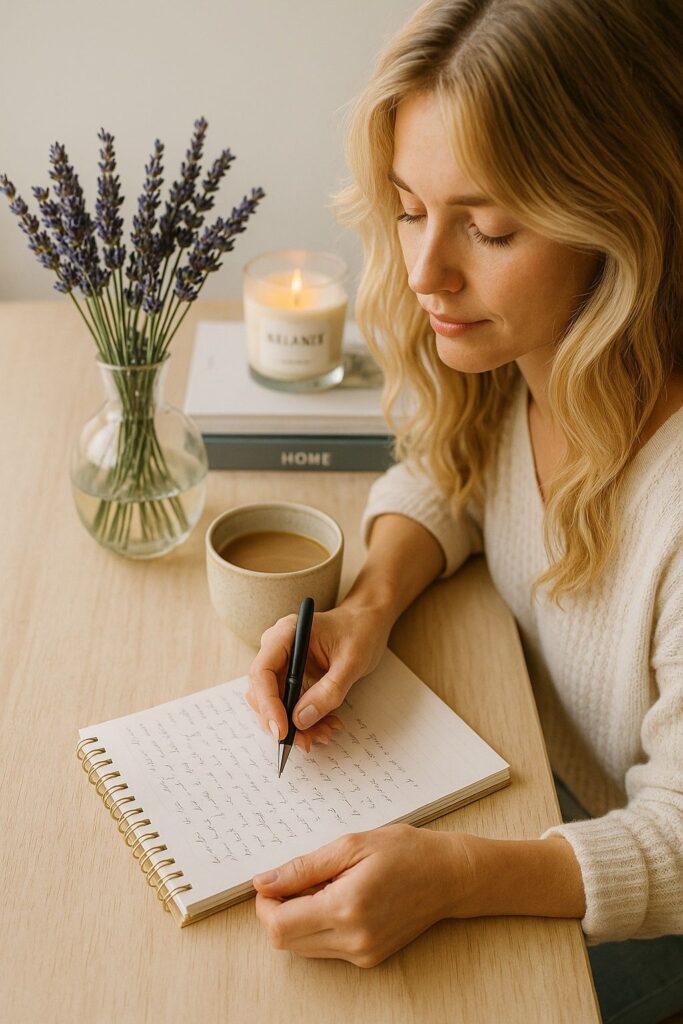 Woman journaling with coffee – daily personal growth habits”