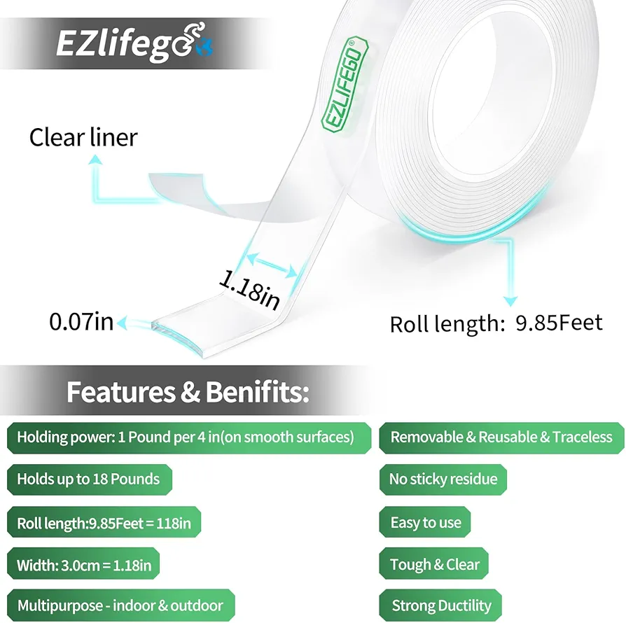 EZlifego Double Sided Tape – Strong, Transparent and Drill-Free Mounting Solution