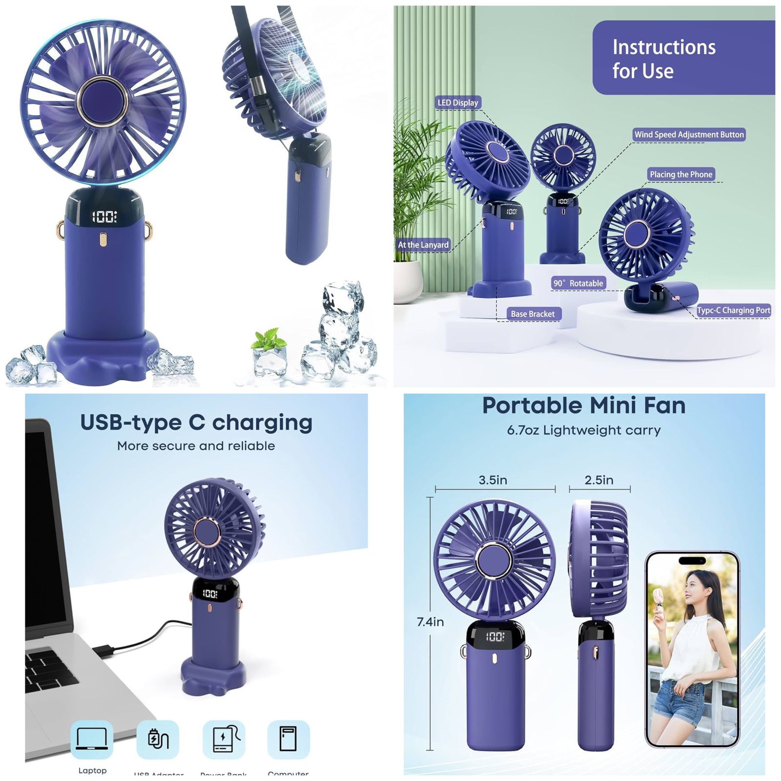 Portable Handheld Rechargeable Fan – LED Display, 5 Speed,